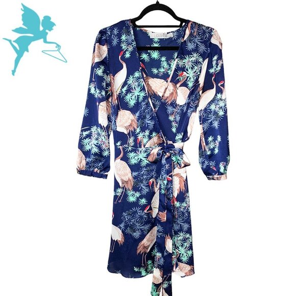 LIQUORISH RARE Tropical Crane Bird Print Wrap Dress - Picture 1 of 6